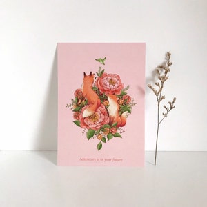 Carte postale de renard roux | Fleur de pivoine rose | Fleur de pivoine corail | Oiseau vert