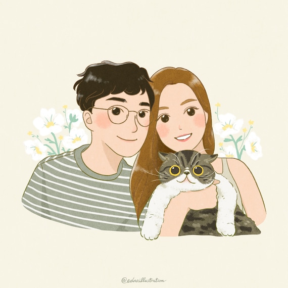 artwork couple Couples portrait with pet watercolor painting print of pet