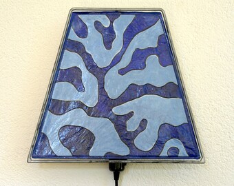 NEW very special wall lamp, unique and handmade, own design, blue with pattern and beautiful matching dark purple cord,