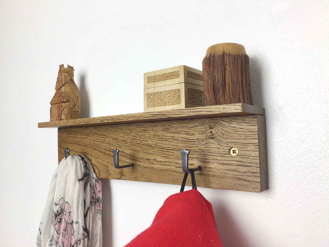 Dark Oak Coat Rack Small Space coat rack with 3 metal hooks Etsy