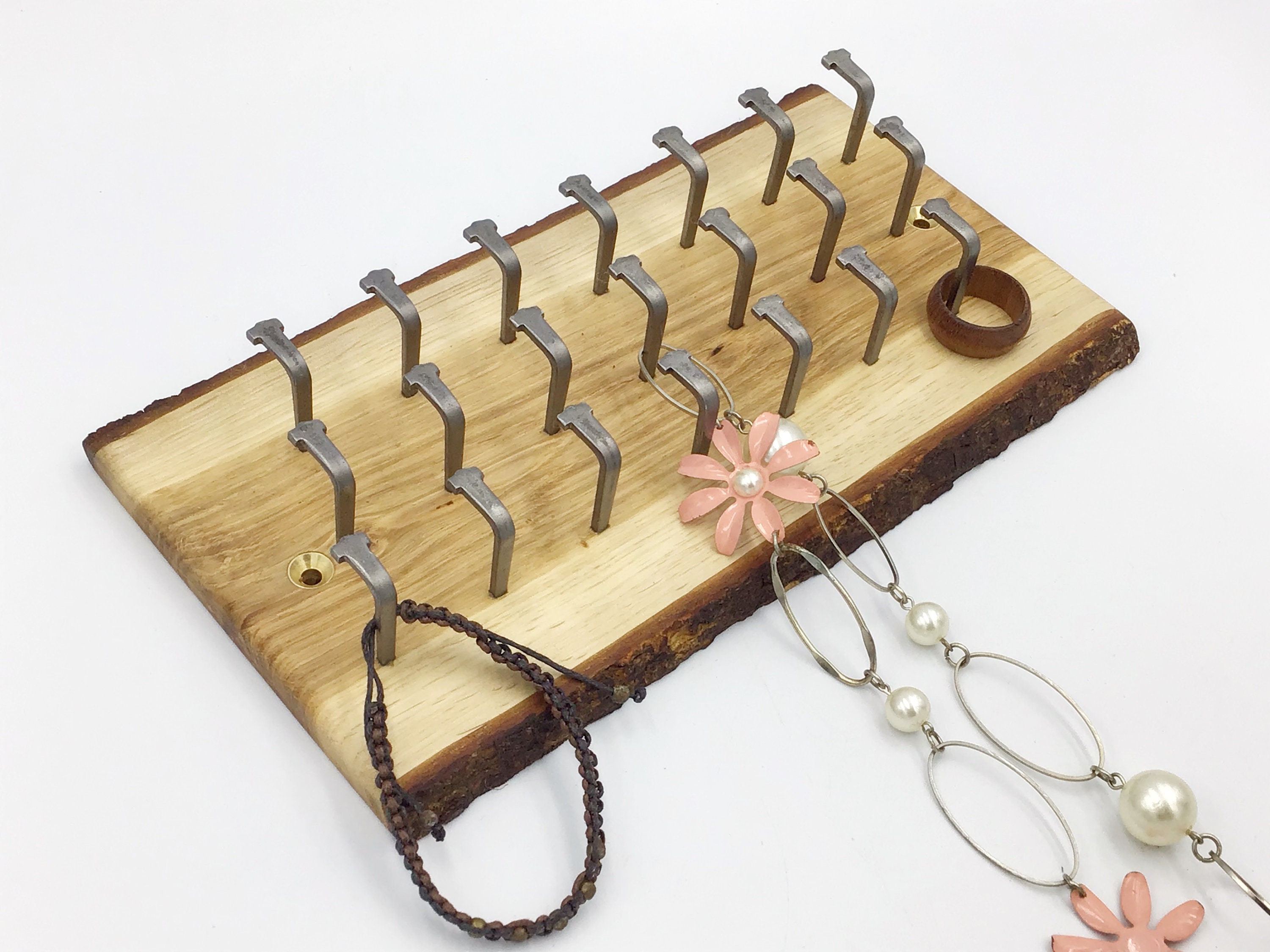 Jewellery Display Rack Oak Wood Wall Art Display For Jewellery Necklaces Etc Wall Mounted Live Edge Rack 21 Hooks Rustic Woodland Rack