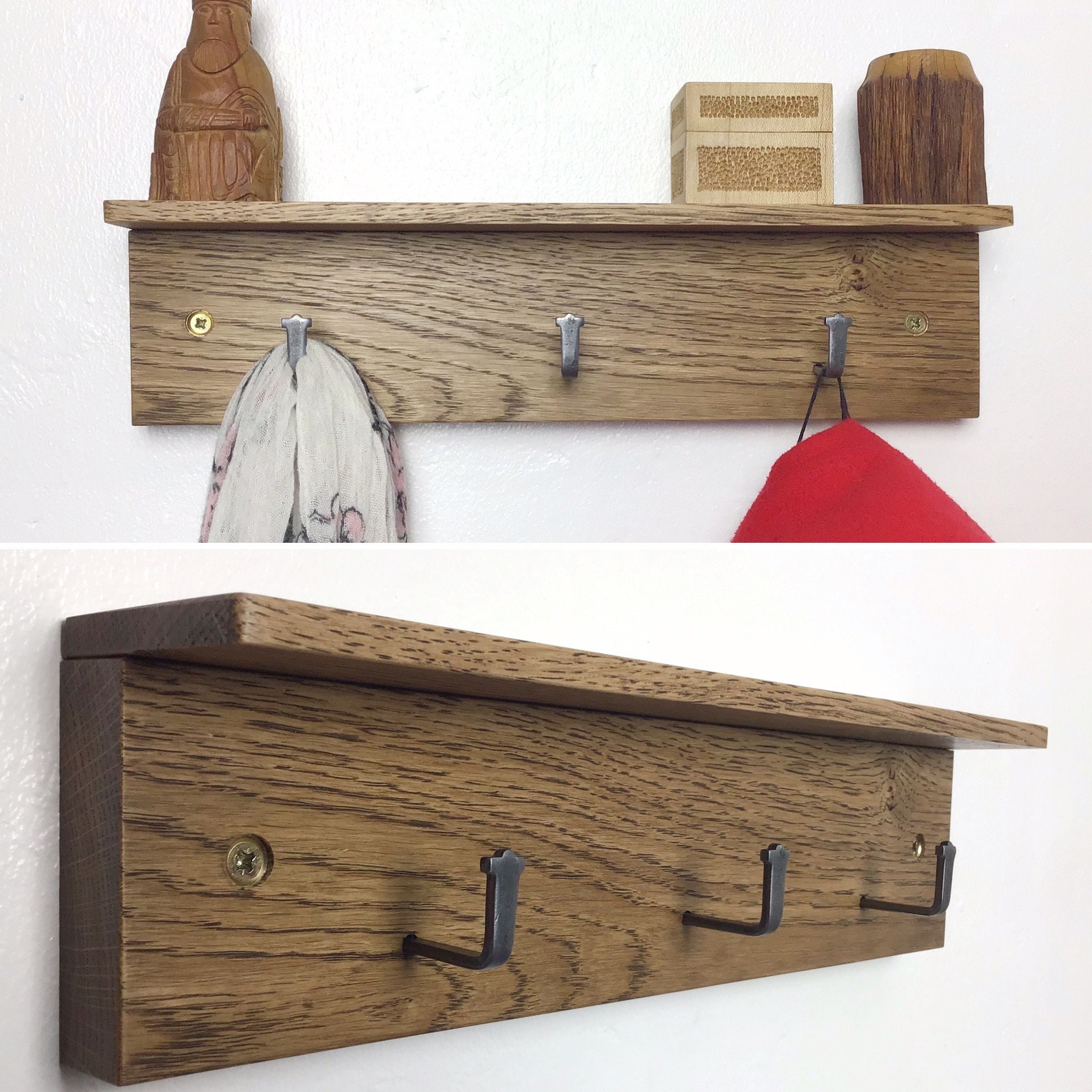 Dark Oak Coat Rack Small Space coat rack with 3 metal hooks Etsy