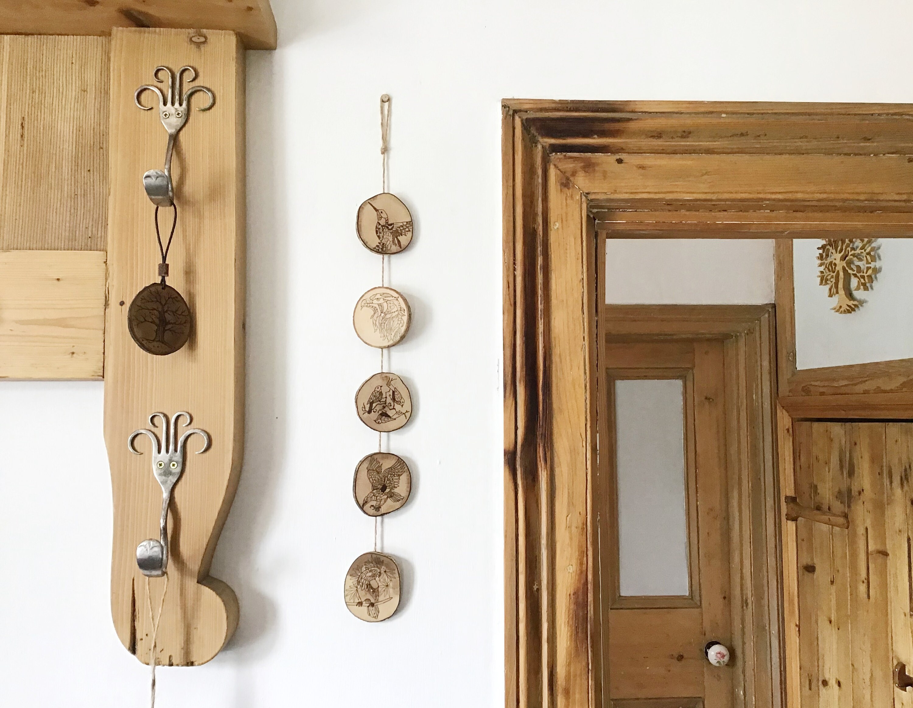 Bird Wall Hanging Handmade Pyrography Wood Burning On Live Edge Hazel Wood With Bark 5 Birds Hummingbird Eagle Parrot Wall Decor Art