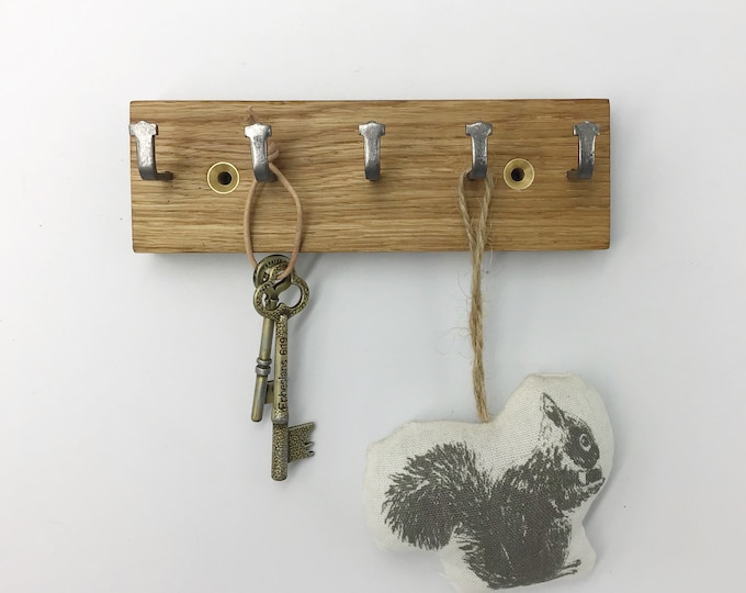 Key rack - MICRO - only 16cm wide - 5 strong metal hooks - Small Space Key Hooks - Light Oak - Wall mounted rack - Handmade in Wales
