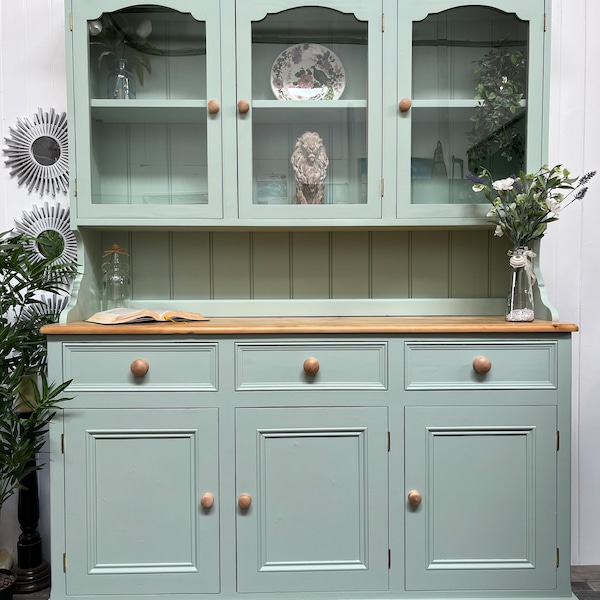 Custom painted UPCYCLED large glazed/glass door display vintage/pine kitchen Welsh dressers storage Fusion mineral paint blue