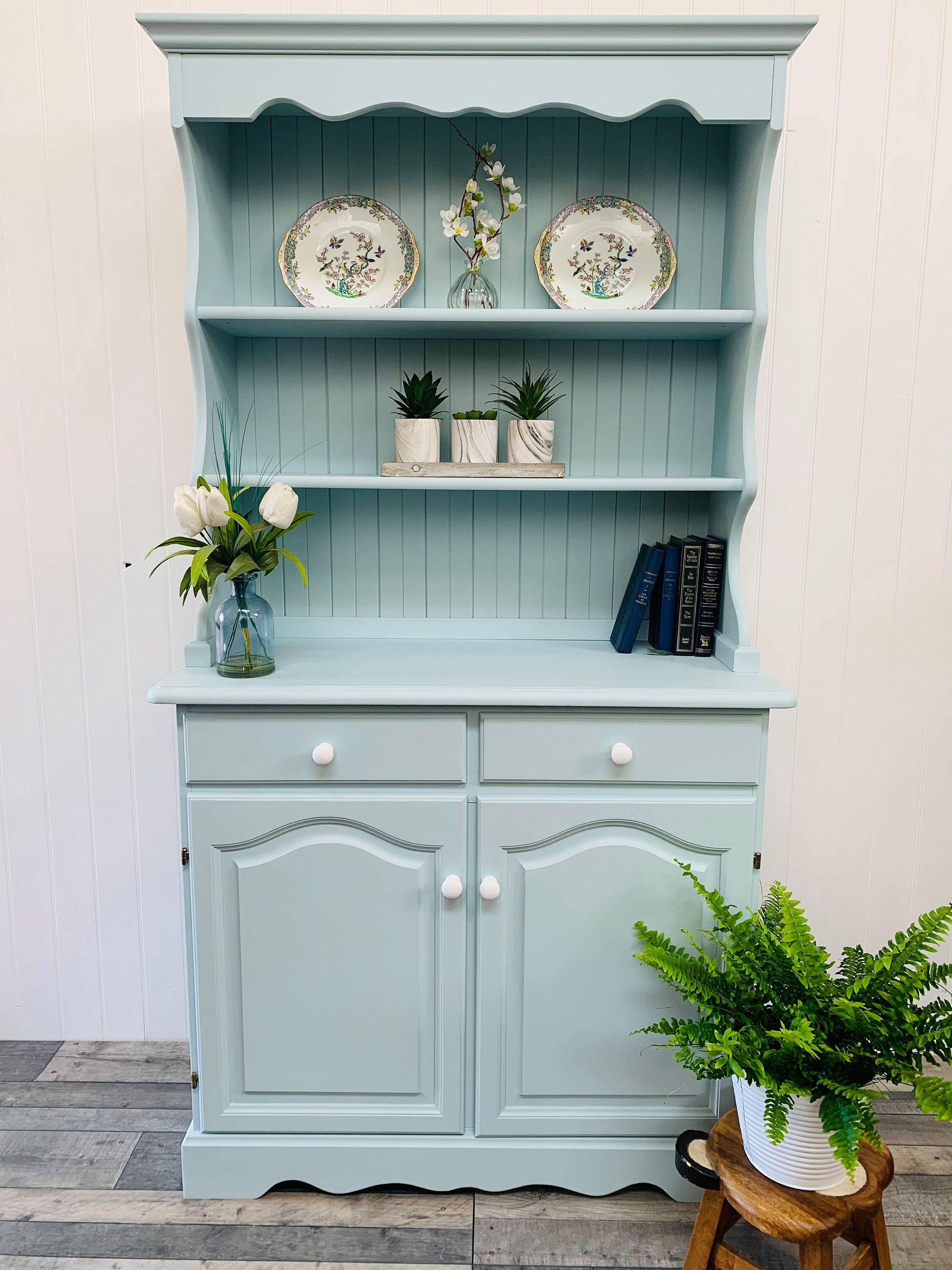 duck egg blue welsh dresser Custom Painted UPCYCLED Small Vintage/pine Kitchen Dressers With Plate Racks & Storage Fusion Mineral Paint Pink Farm Rio + ripe style:Colour Block Size:50 Extra Long