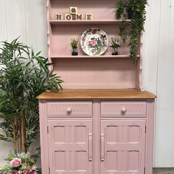 Custom painted UPCYCLED small vintage/pine kitchen Welsh dressers with plate racks & storage Fusion mineral paint pink