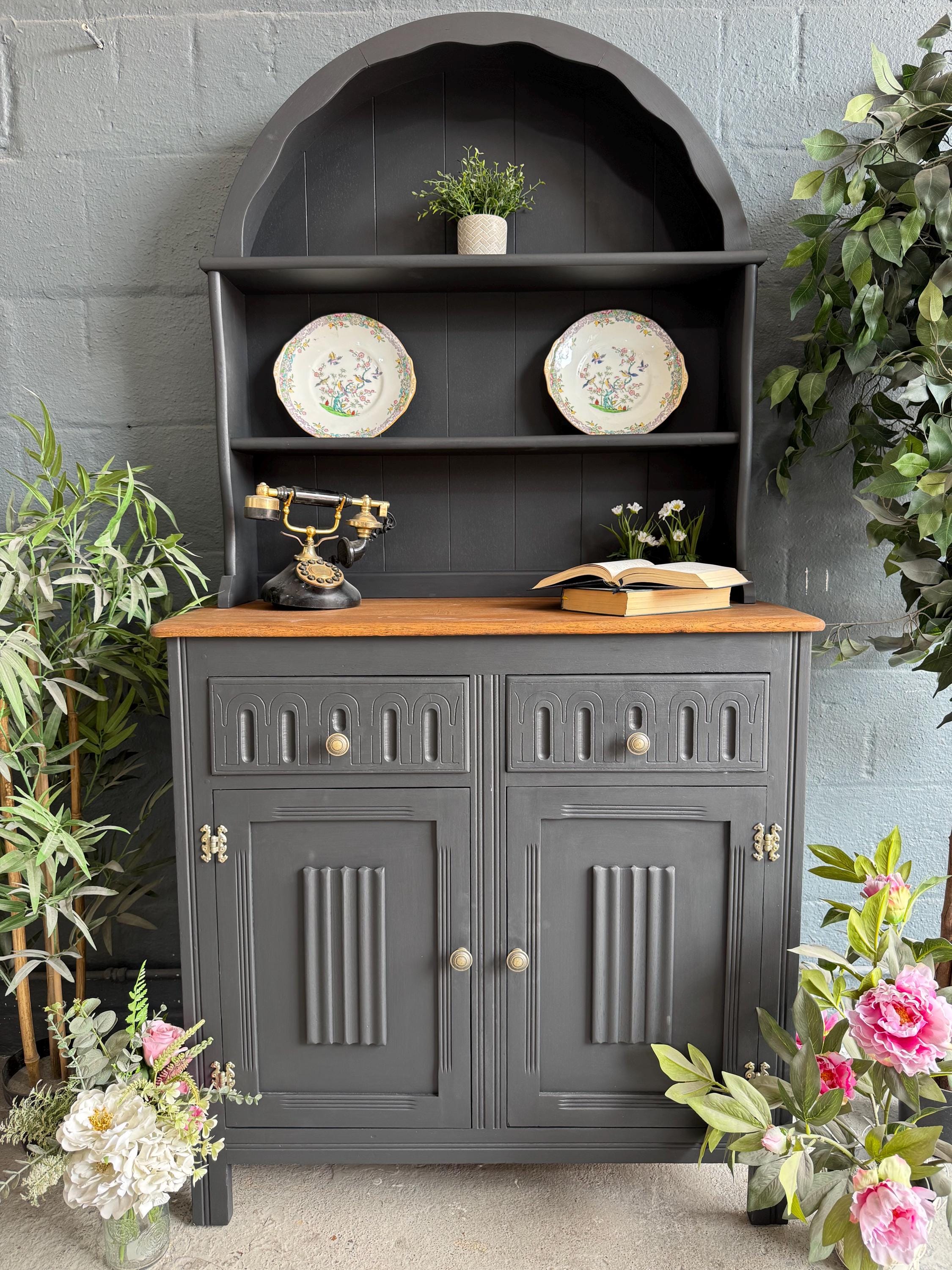dark grey welsh dresser Welsh Dresser, Farmhouse,grey, Sideboard, Rustic Storage,cupboard,  Sideboard, Dresser,vintage, Old Charm, Oak,