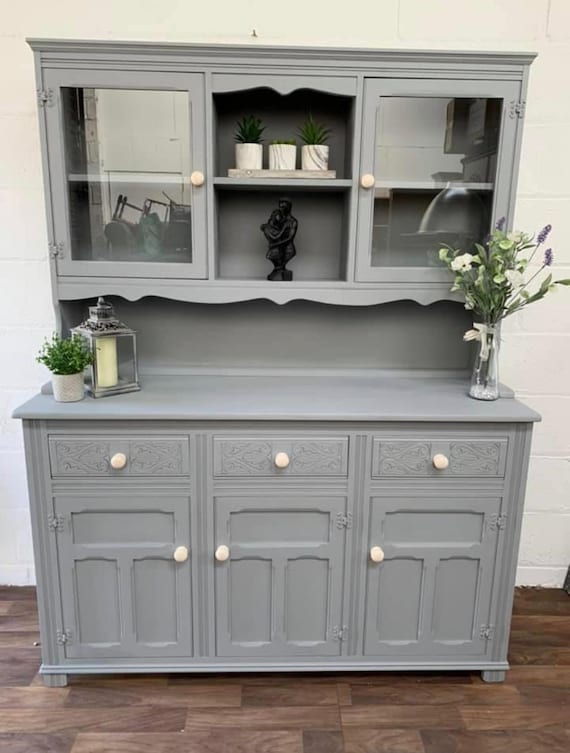 Custom Painted UPCYCLED Medium Glass Door Vintage pine Kitchen Welsh Dressers With Plate Racks Storage Fusion Mineral Paint Grey Etsy
