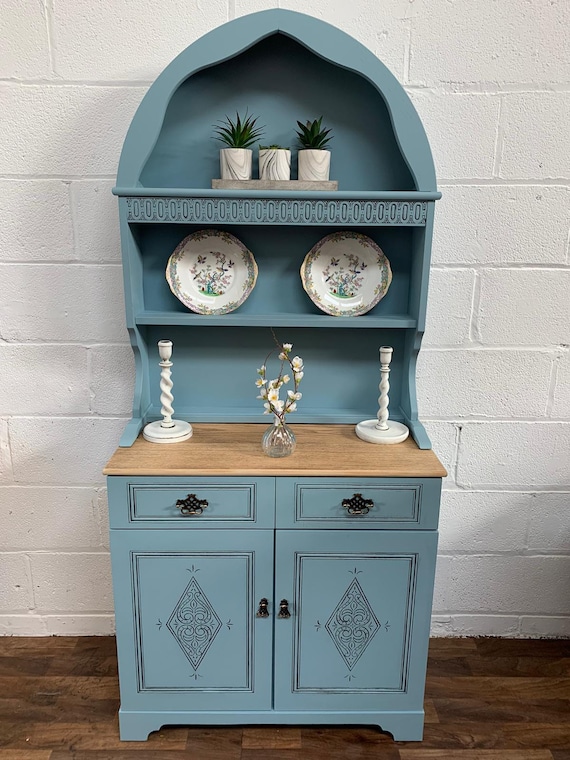 duck egg blue welsh dresser Custom Painted UPCYCLED Small Vintage/pine Kitchen Dressers With Plate Racks & Storage Fusion Mineral Paint Black VZ25GS Stylish Blue Suits with Size:2-24