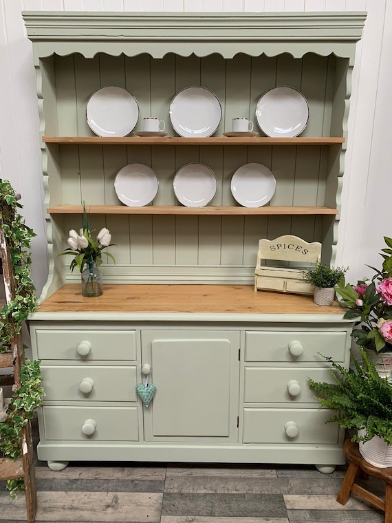 Custom Painted UPCYCLED Medium Vintage/pine Kitchen Welsh Dressers With  Plate Racks & Storage Fusion Mineral Paint Sage Green - Etsy New Zealand