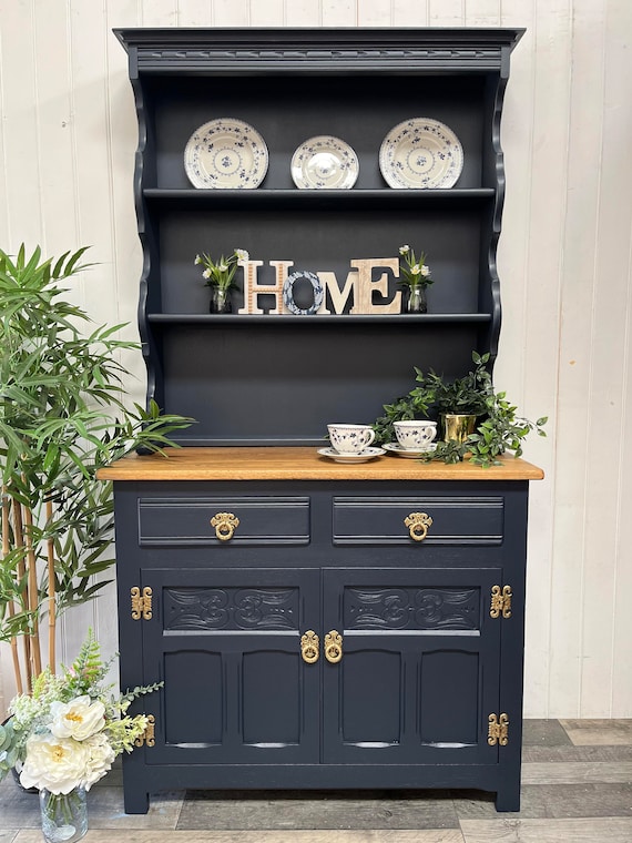 blue painted welsh dresser Custom Painted UPCYCLED Small Vintage/pine Kitchen Welsh Dressers With  Plate Racks & Storage Fusion Mineral Paint Navy Green