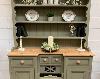 green painted welsh dresser Custom UPCYCLED Large Vintage/pine Country Farmhouse Kitchen Dressers With Plate Racks & Storage Fusion Mineral Paint it-girl