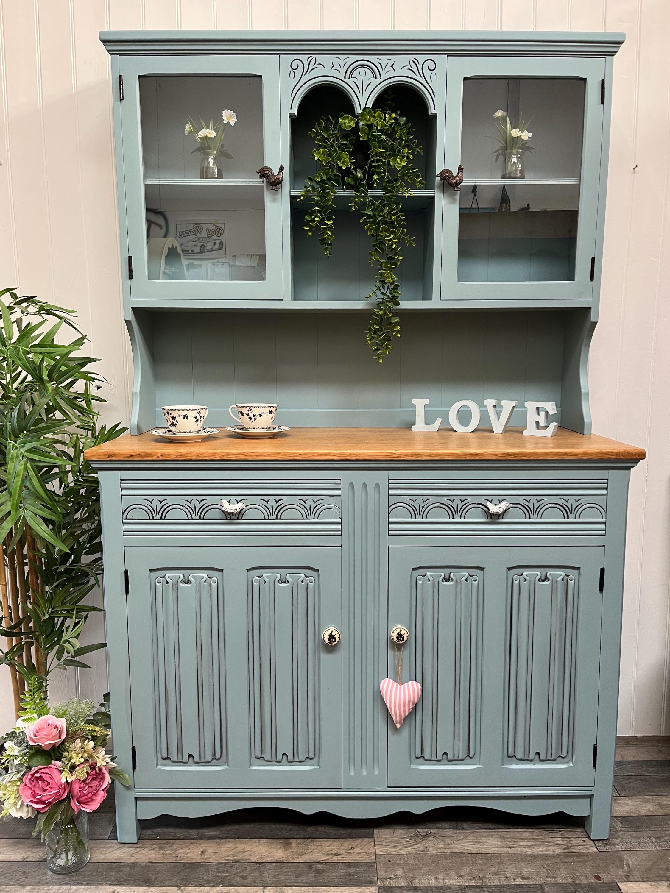duck egg blue welsh dresser AVAILABLE to Be Painted in Any Colour. Lovely Upcycled Painted Vintage With Glass Display soie blu Sophie Blue Gingham Printed Color:Cameo Brown