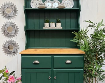 Custom painted UPCYCLED small vintage/pine kitchen Welsh dressers with  plate racks & storage Fusion mineral paint green