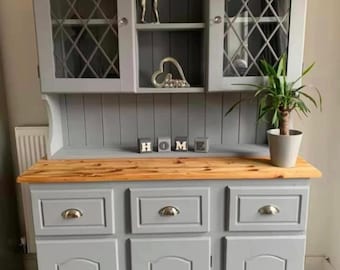 Custom painted UPCYCLED medium glass door vintage/pine kitchen Welsh dressers with plate racks & storage Fusion mineral paint grey