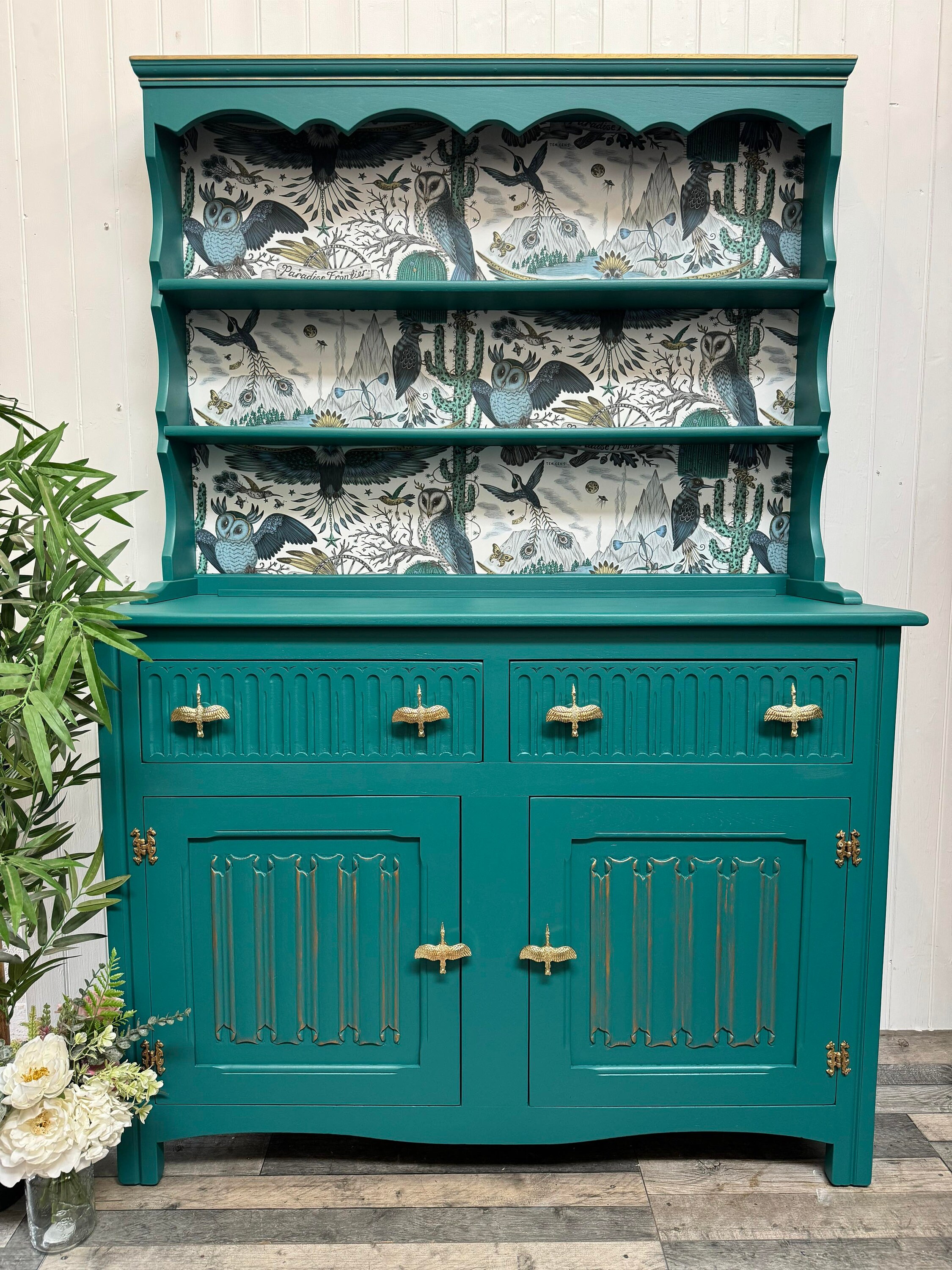 blue painted welsh dresser Custom UPCYCLED wallpapered medium vintage/pine kitchen dressers with plate racks & storage Fusion mineral paint x-styleCode:254AS5040