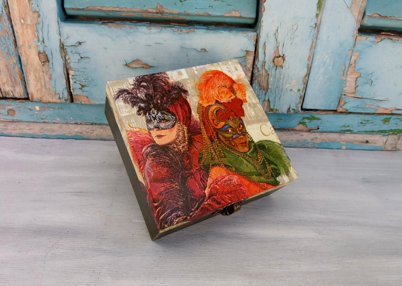 Carnival Box,Carnival Wooden Box,Carnival Jewelry Box,Masquerade Box,Vintage Carnival,Vintage Jewelry Box,Green Wood Box,Wooden Jewelry Box