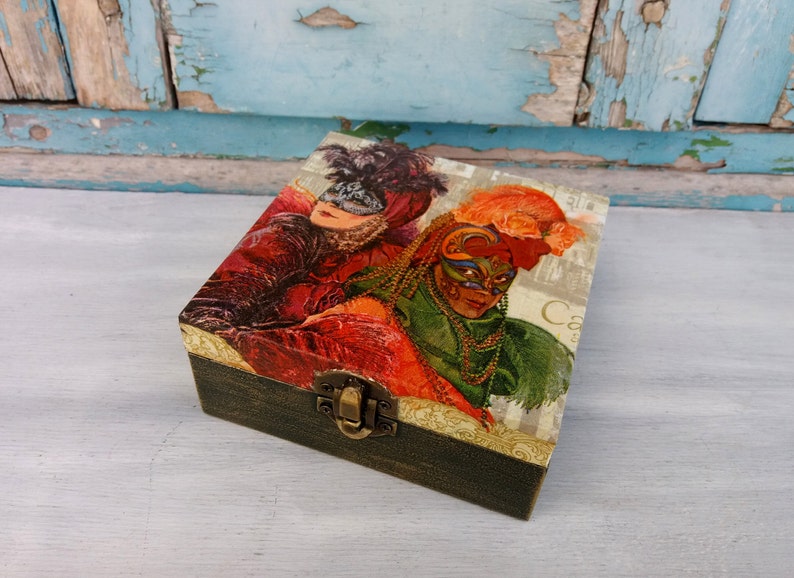 Carnival Box,Carnival Wooden Box,Carnival Jewelry Box,Masquerade Box,Vintage Carnival,Vintage Jewelry Box,Green Wood Box,Wooden Jewelry Box