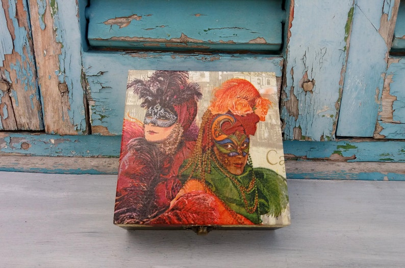 Carnival Box,Carnival Wooden Box,Carnival Jewelry Box,Masquerade Box,Vintage Carnival,Vintage Jewelry Box,Green Wood Box,Wooden Jewelry Box