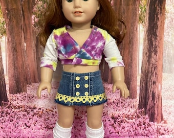 Süßes Cardiganvand Jeans Rock Outfit für 18 Inch Dolls