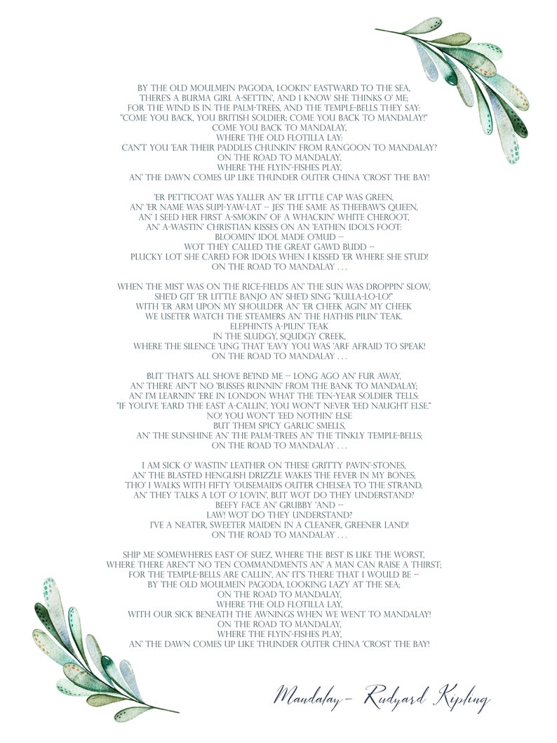 Rudyard Kipling poetry Mandalay poem Instant digital Etsy