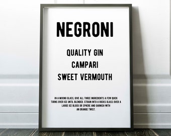 Negroni - recette de cocktail - impression d'art (avec ou sans cadre)