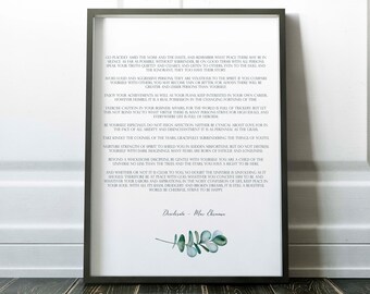 May include: A printable wall art design with a quote about living a peaceful life. The quote is in a gray font and is surrounded by a white border. A leafy green branch with blue leaves is at the bottom of the design.