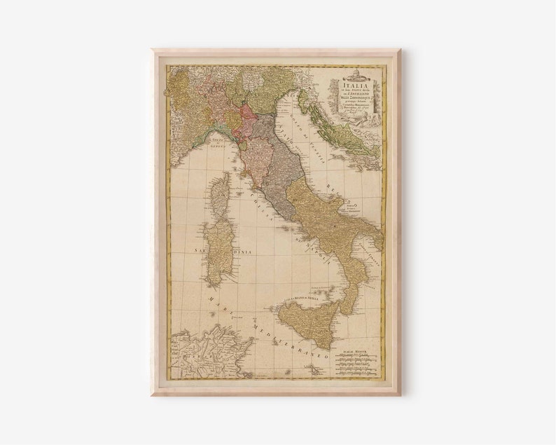 Puede incluir: Un mapa antiguo de Italia de 1788, que muestra los diferentes estados y regiones de la pen&iacute;nsula italiana. El mapa est&aacute; impreso en blanco y negro con detalles coloreados a mano. El t&iacute;tulo "ITALIA" est&aacute; impreso en la parte superior del mapa.