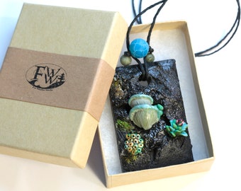 Succulents Pendant - Volcanic rock with lichens and moss - Mixed Media Terrarium Jewelry