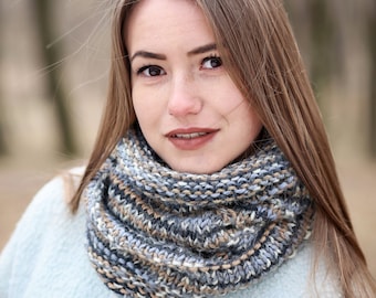 Hand-Knitted Alpaca Wool Hooded Cowl, Melange Snood Scarf