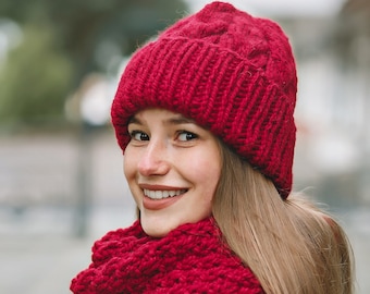 Red Crochet Hat and Infinity Scarf Set: Wool Alpaca Blend