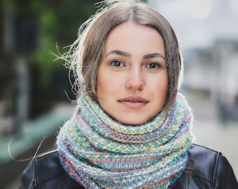 Multi-Colored Alpaca Hooded Scarf, Crochet Snood Cowl
