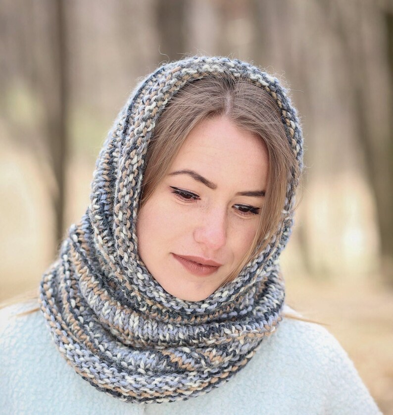 Grey neck warmer, Hooded cowl, Infinity scarf men, Hooded scarf, Infinity scarf, Crochet cowl, Woolen snood image 1