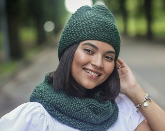 Alpaca Hat and Scarf Set: Knit Hooded Cowl, Slouchy Beanie