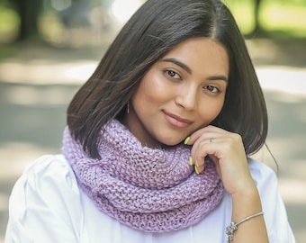 Hand Knit Alpaca Wool Cowl, Lilac Hooded Scarf, Neck Warmer