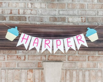 Cupcake birthday decorations name banner, Two sweet name banner for birthday