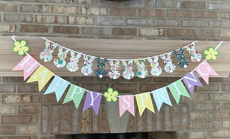 Spring banner for mantle, Spring garland, mantle banner, Easter banner, Fireplace garland, spring decor, happy spring sign, mantle decor image 7