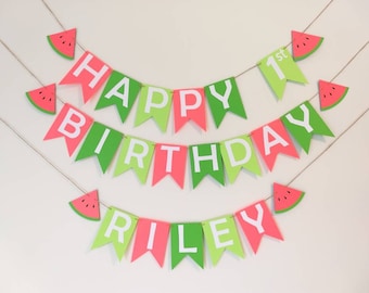Happy 1st Birthday banner, first birthday decorations banner for girl, watermelon birthday, birthday banner with name,birthday decorations
