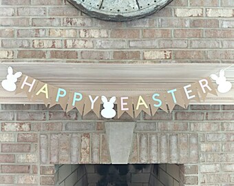 Happy Easter banner, Easter garland, paper easter banner, Easter photo prop, fireplace banner, mantle garland, Easter sign, Bunny banner