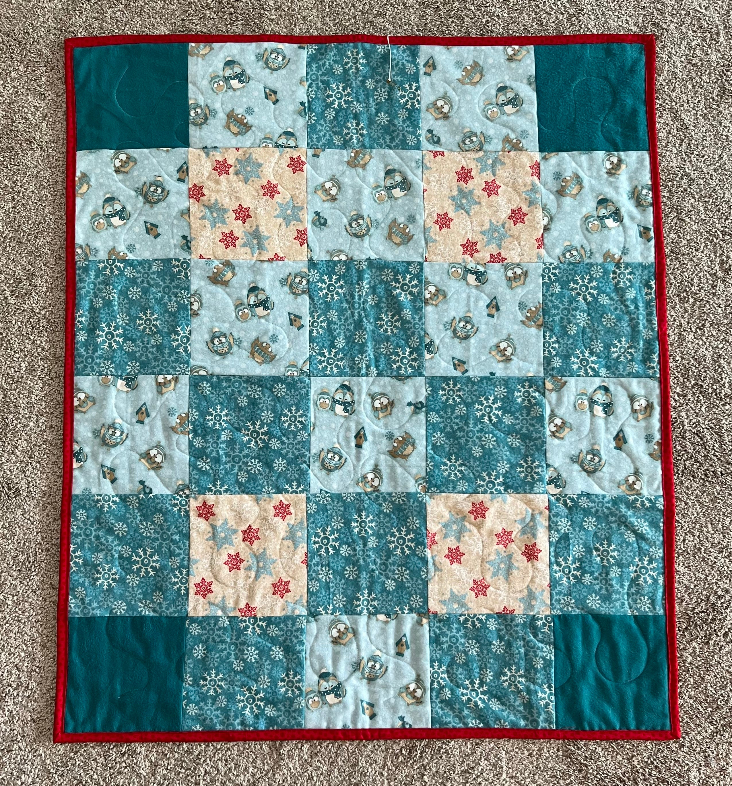 Flannel Whimsical Owl and Snowflakes Throw