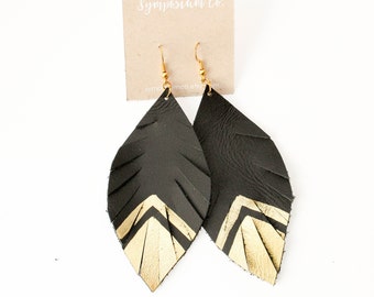 Gold Arrow Leather Feather Earrings