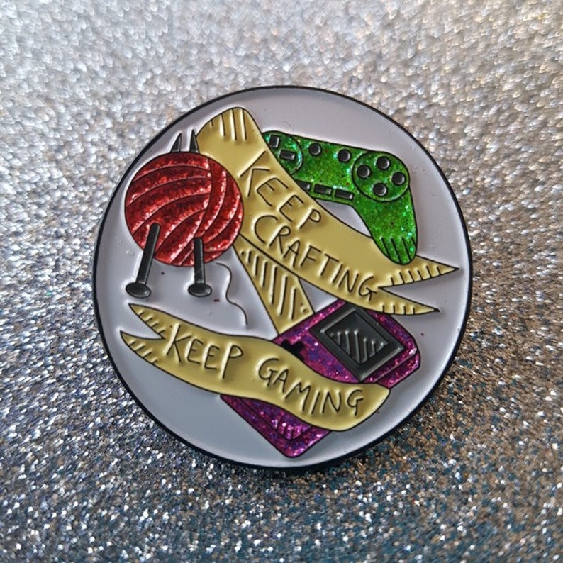 Keep Crafting Keep Gaming glitter enamel pin for fiber share image 0