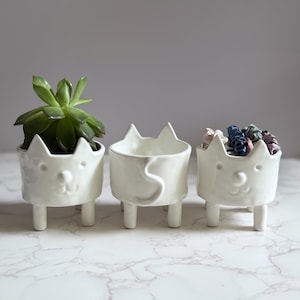 May include: Three white ceramic planters shaped like cats, each standing on four short legs. The left planter holds a green succulent, the center one shows a sculpted tail on the back, and the right one contains several small fabric hair scrunchies.