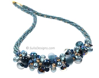 Complete Kit - Kumihimo 7 Strand Shades of Blue Teardrop Necklace