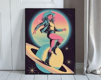 Disco Cowgirl Dancing on Saturn – Retro Sci-Fi Wall Art (Digital Download)
