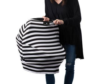 MUMSON Baby Car Seat Cover Canopy and Nursing Cover Multi-use Stretchy 3 in 1 B&W Signature Stripes