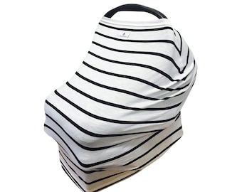 MUMSON Baby Car Seat Cover Canopy and Nursing Cover Multi-use Stretchy 3 in 1 Cream and Grey Stripes