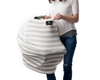 MUMSON Baby Car Seat Cover Canopy and Nursing Cover Multi-use Stretchy 3 in 1 Cream and Grey Stripes