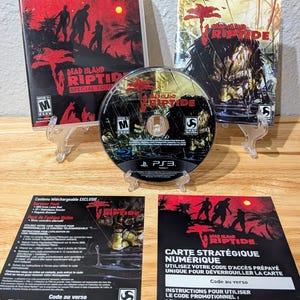 May include: A PlayStation 3 game, "Dead Island Riptide Special Edition," featuring a disc, game case, and promotional inserts. The cover art displays silhouettes of figures against a red sunset with palm trees. The disc and case bear the game's title.